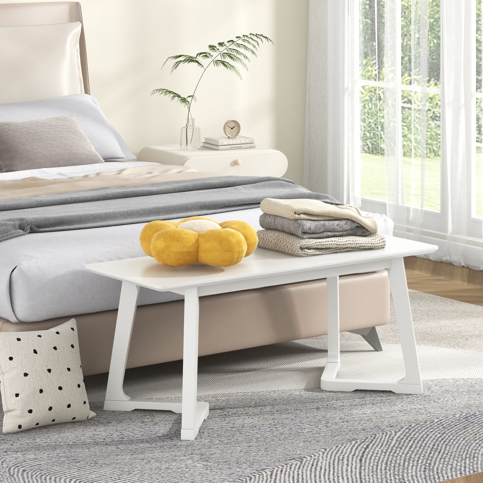 42 Inch Modern Entryway Bench Long Dining Bench with Rubber Wood Legs, White Shoe Racks & Storage Benches at Gallery Canada