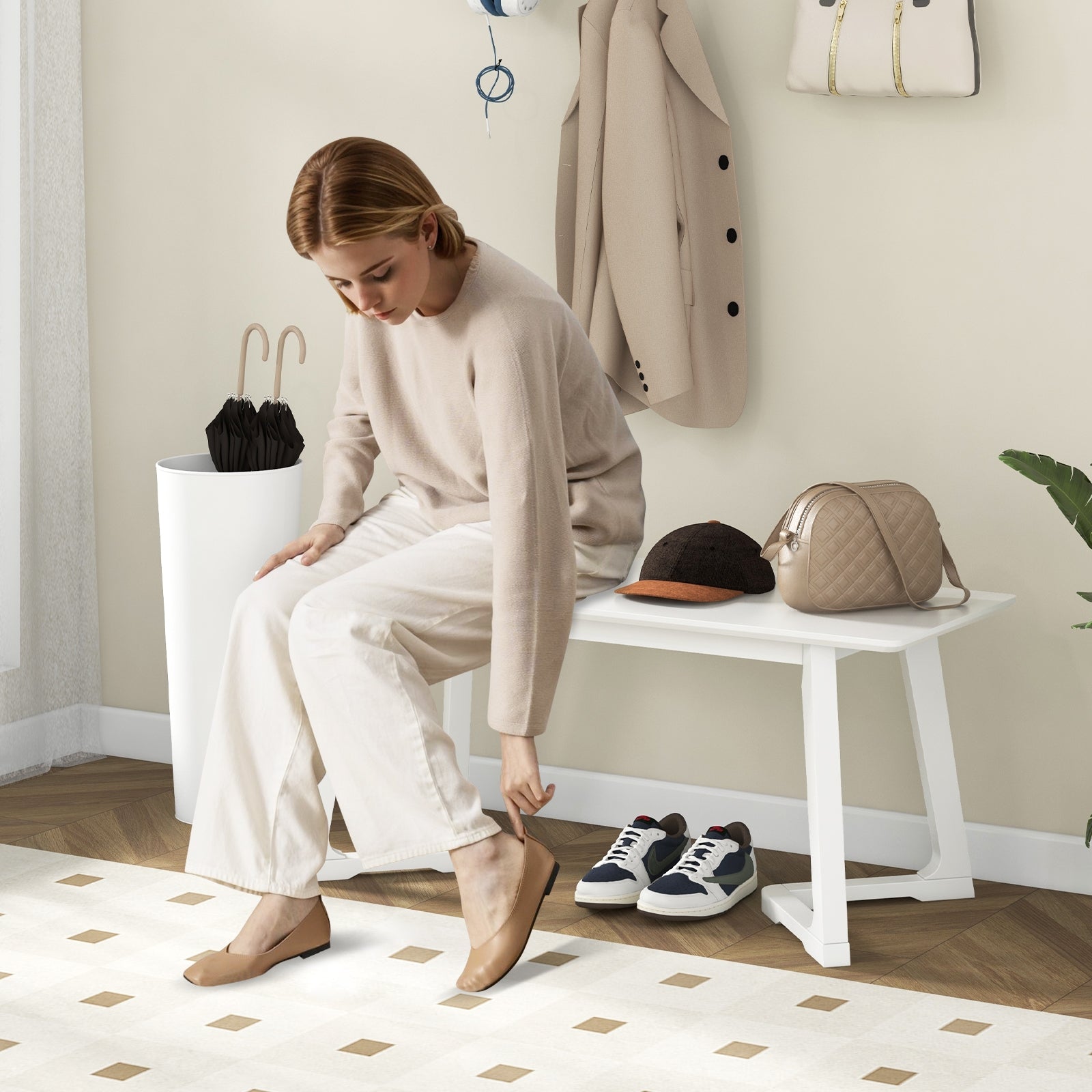 42 Inch Modern Entryway Bench Long Dining Bench with Rubber Wood Legs, White Shoe Racks & Storage Benches at Gallery Canada