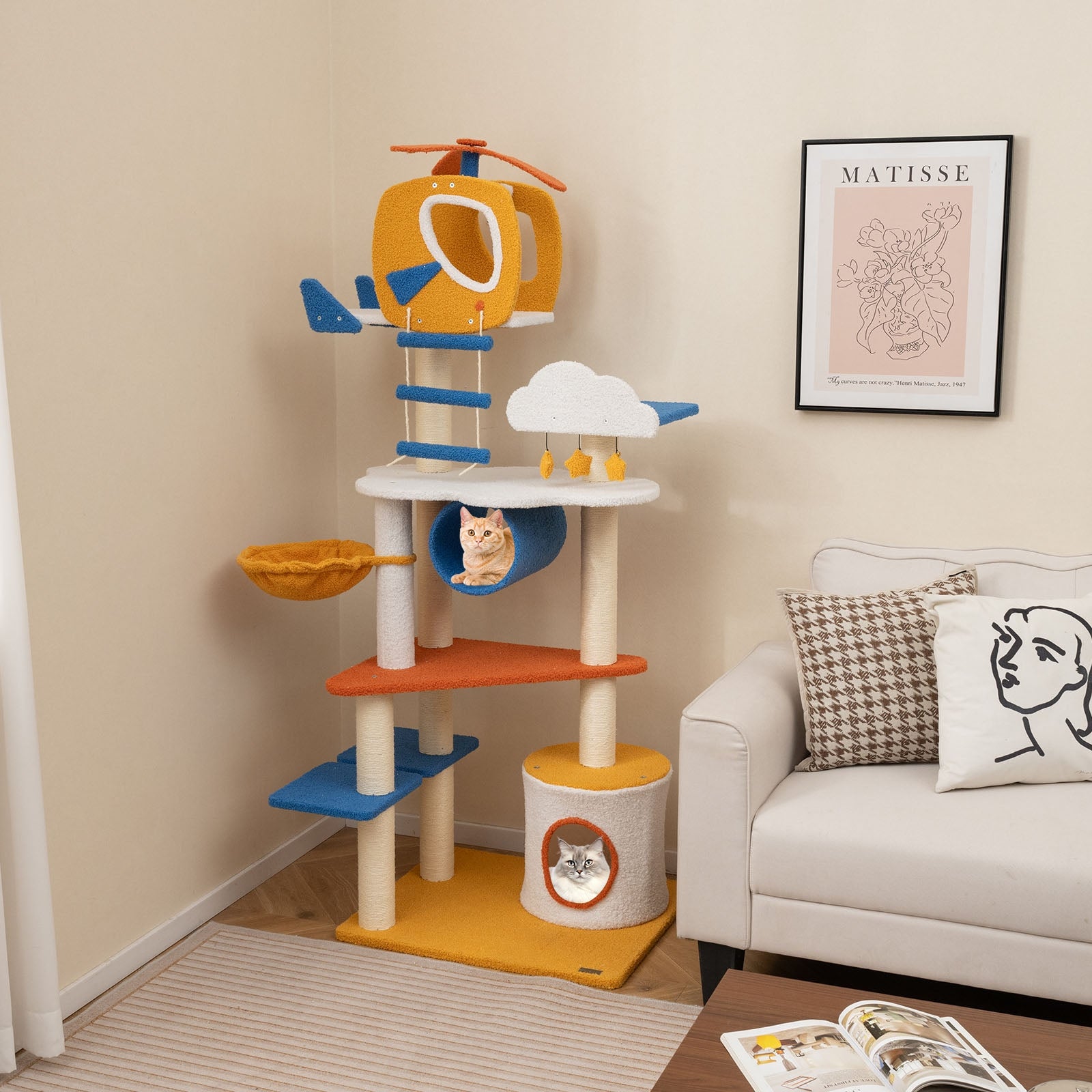 70 Inch Tall Aviation-themed Cat Tree with Helicopter Top Perch and Platforms, Yellow Cat Trees Condos & Scratchers at Gallery Canada