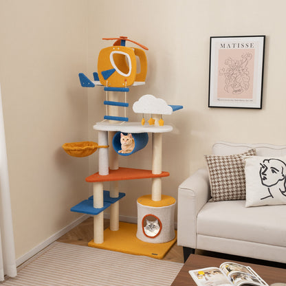 70 Inch Tall Aviation-themed Cat Tree with Helicopter Top Perch and Platforms, Yellow Cat Trees Condos & Scratchers at Gallery Canada