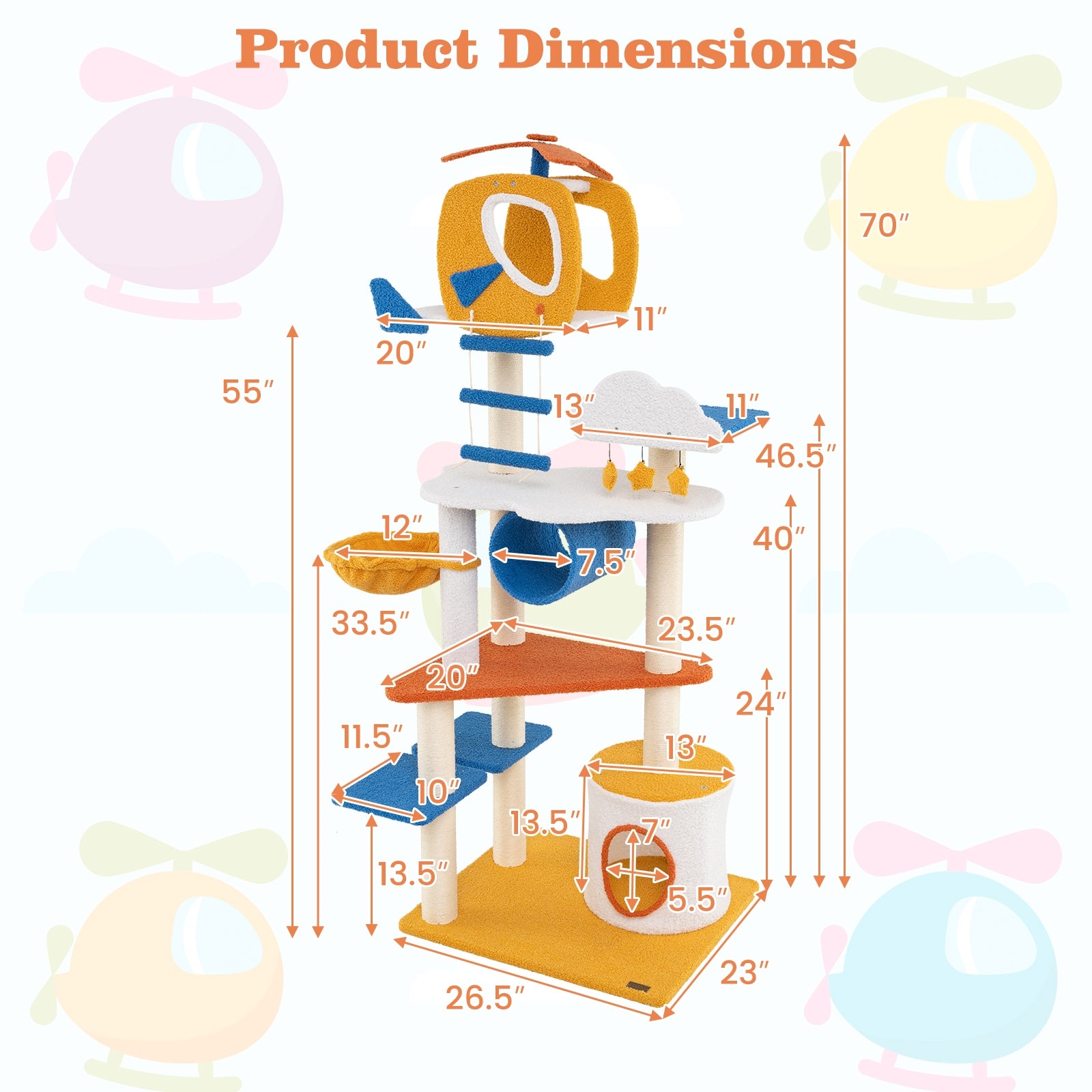 70 Inch Tall Aviation-themed Cat Tree with Helicopter Top Perch and Platforms, Yellow Cat Trees Condos & Scratchers at Gallery Canada