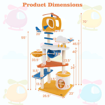 70 Inch Tall Aviation-themed Cat Tree with Helicopter Top Perch and Platforms, Yellow Cat Trees Condos & Scratchers at Gallery Canada