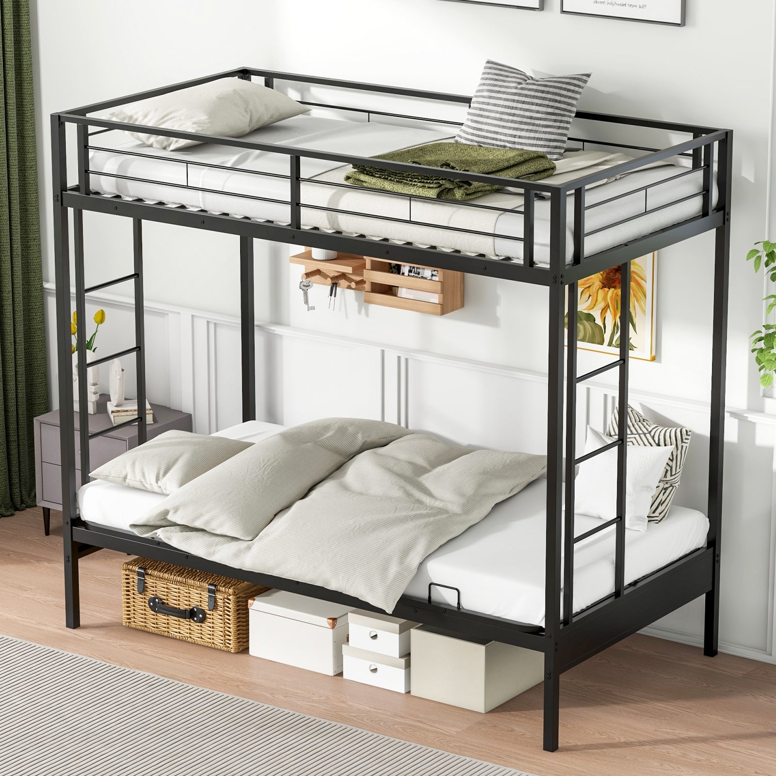 Twin Over Futon Bunk Bed with 2 Ladders and Safety Guardrails, Black Trundle Bed Frame at Gallery Canada