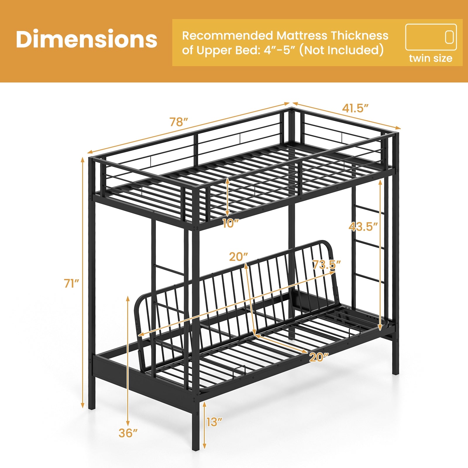 Twin Over Futon Bunk Bed with 2 Ladders and Safety Guardrails, Black Trundle Bed Frame at Gallery Canada