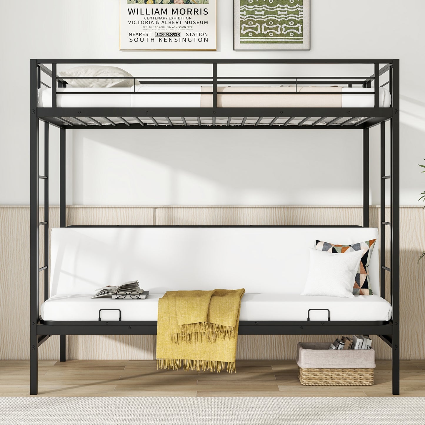 Twin Over Futon Bunk Bed with 2 Ladders and Safety Guardrails, Black Trundle Bed Frame at Gallery Canada