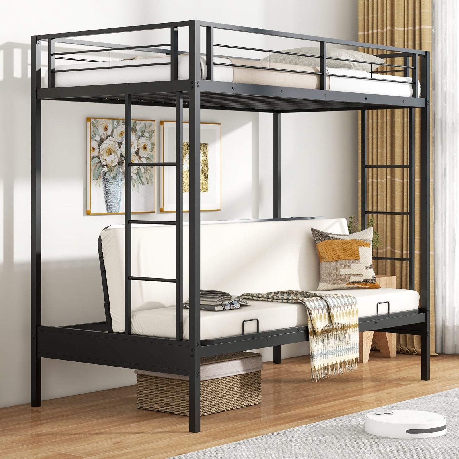 Twin Over Futon Bunk Bed with 2 Ladders and Safety Guardrails, Black Trundle Bed Frame at Gallery Canada