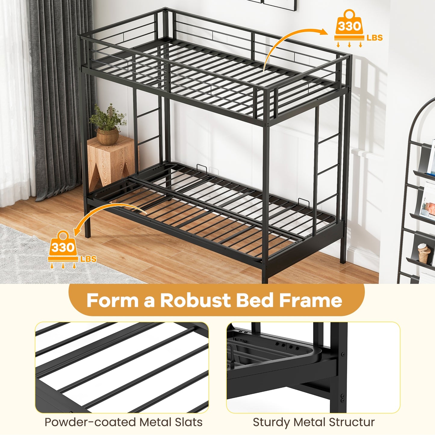 Twin Over Futon Bunk Bed with 2 Ladders and Safety Guardrails, Black Trundle Bed Frame at Gallery Canada