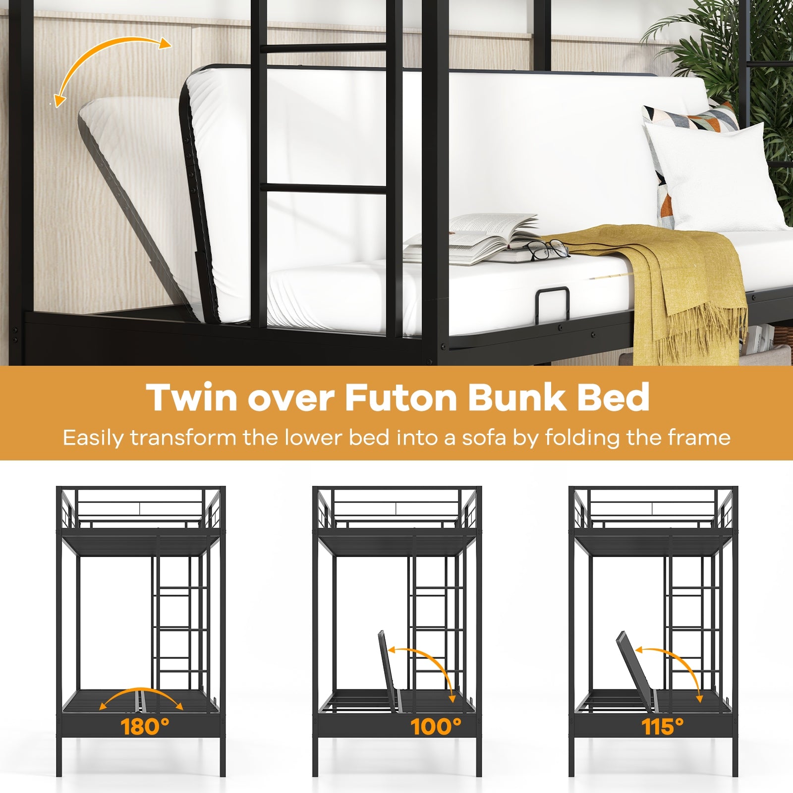Twin Over Futon Bunk Bed with 2 Ladders and Safety Guardrails, Black Trundle Bed Frame at Gallery Canada