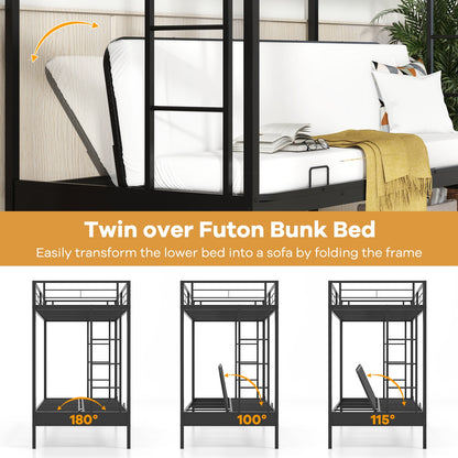 Twin Over Futon Bunk Bed with 2 Ladders and Safety Guardrails, Black Trundle Bed Frame at Gallery Canada