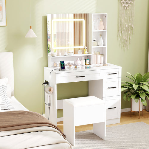 Dressing Desk with 3 Color Lighting and Hair Dryer Stand, White