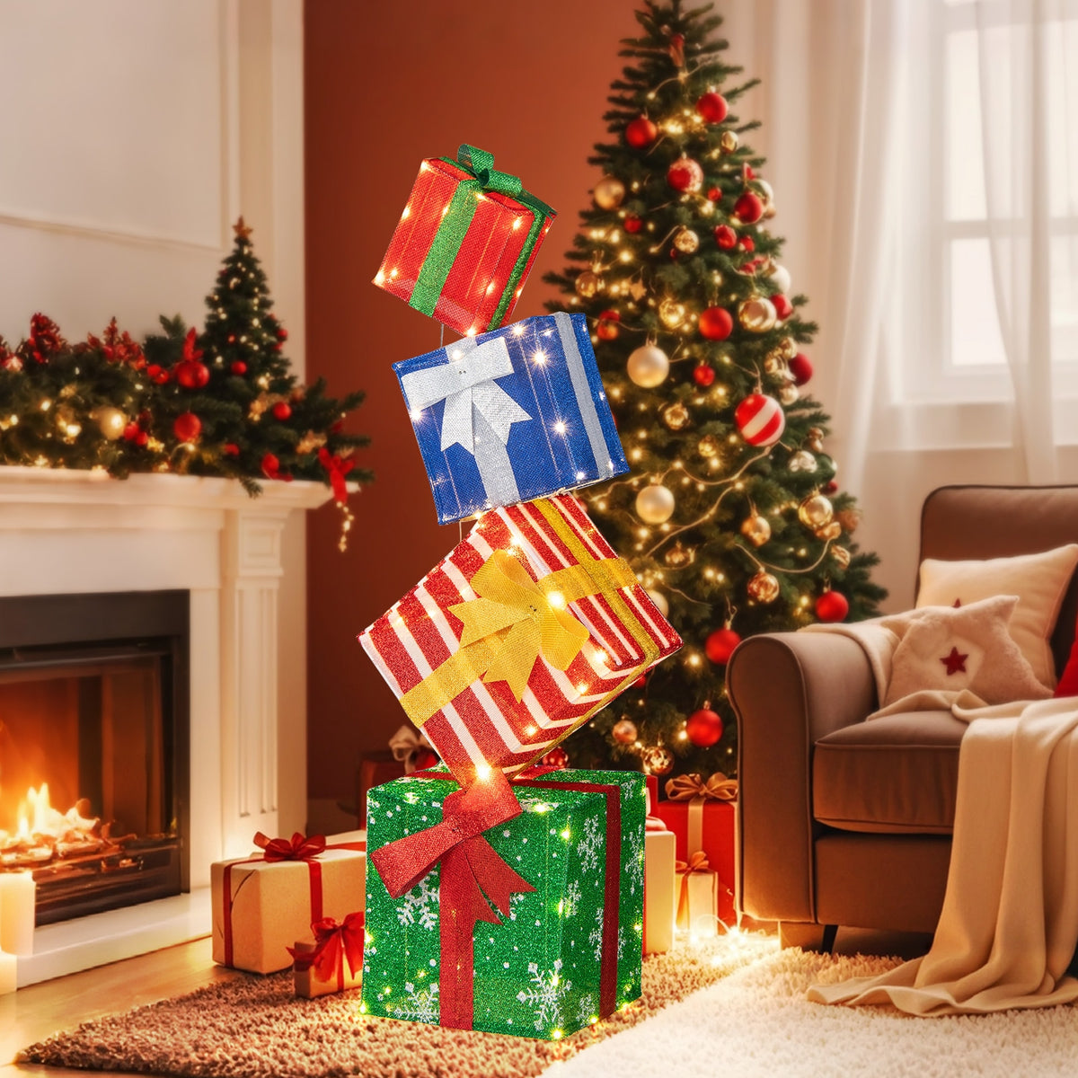 48 Inches Lighted Stacked Gift Boxes, LED Lights, Decorative Bows, Multicolor Christmas Decor & Accessories at Gallery Canada
