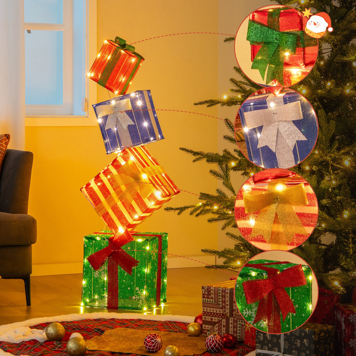 48 Inches Lighted Stacked Gift Boxes, LED Lights, Decorative Bows, Multicolor Christmas Decor & Accessories at Gallery Canada