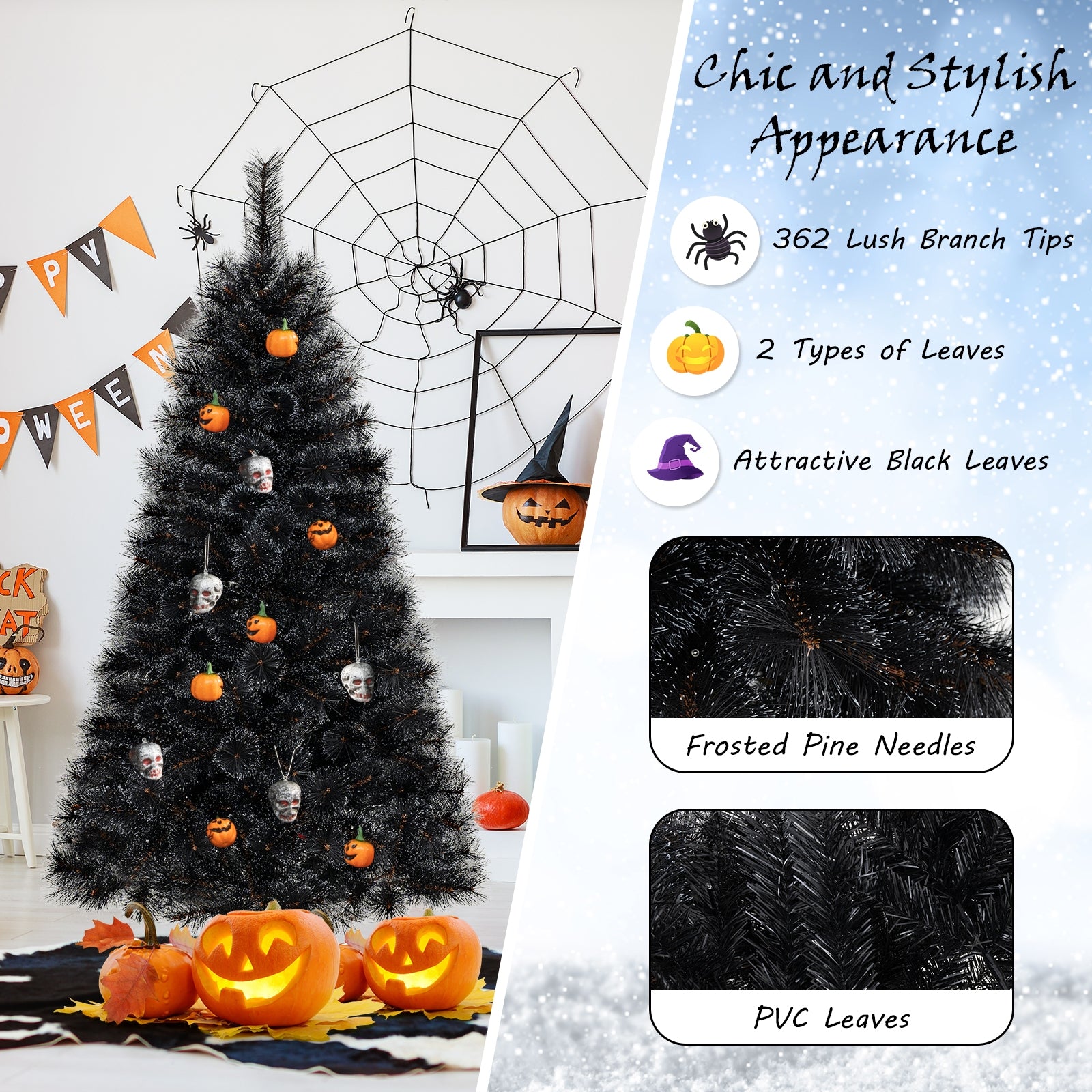 6/7/8 Feet Black Artificial Halloween Christmas Tree with PVC Branch Tips and 210/320/450 Cool White LED Lights-S, Black Christmas Tree at Gallery Canada