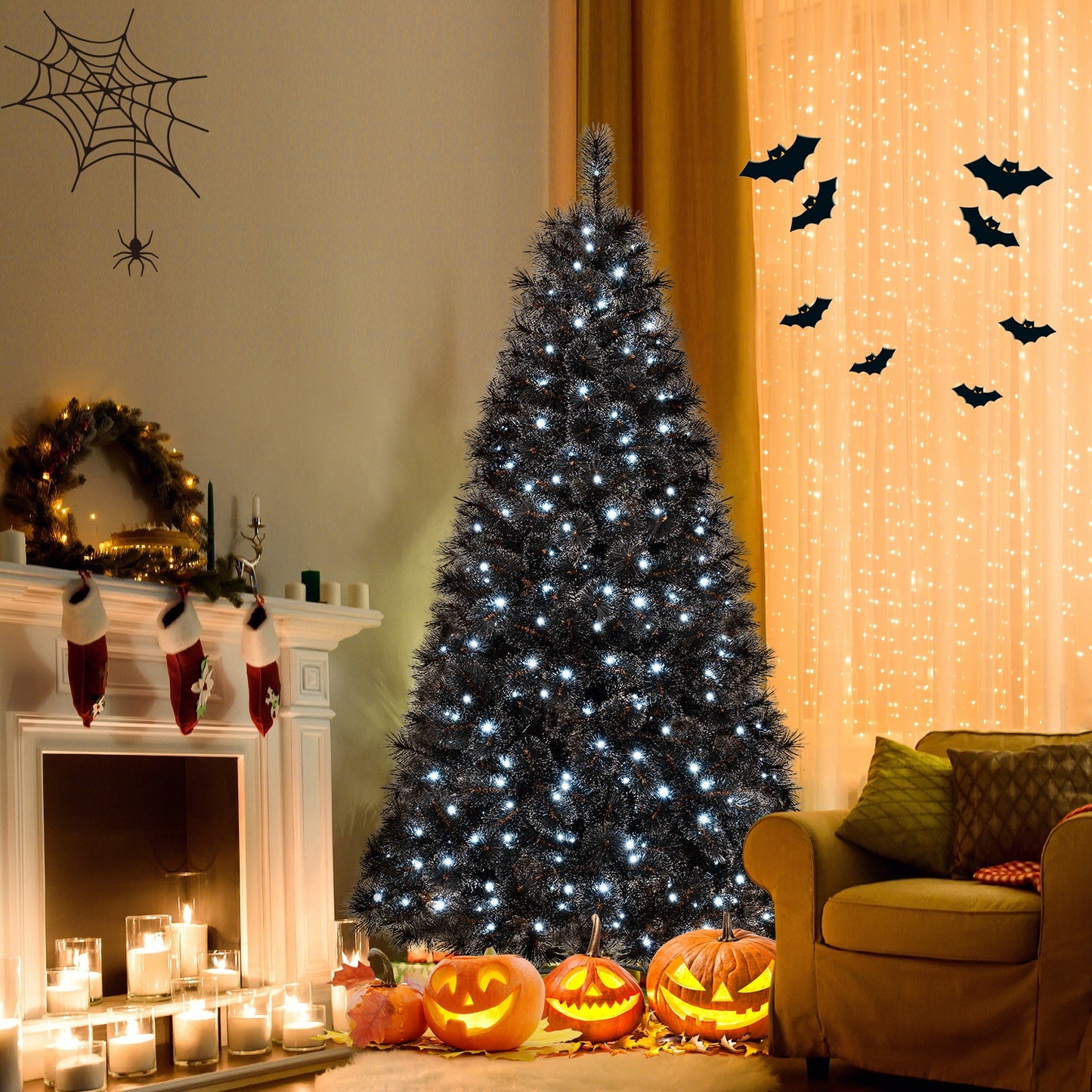6/7/8 Feet Artificial Halloween Christmas Tree, PVC Branch Tips, 210/320/450 Cool White LED Lights, Black Christmas Tree at Gallery Canada