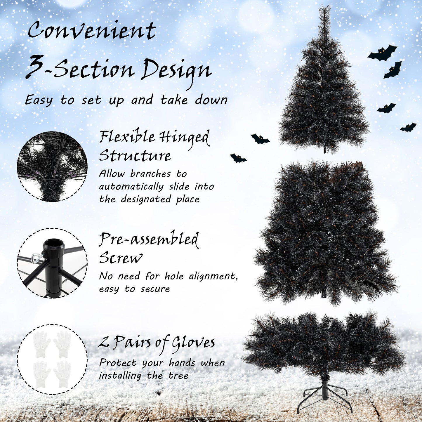 6/7/8 Feet Artificial Halloween Christmas Tree, PVC Branch Tips, 210/320/450 Cool White LED Lights, Black Christmas Tree at Gallery Canada