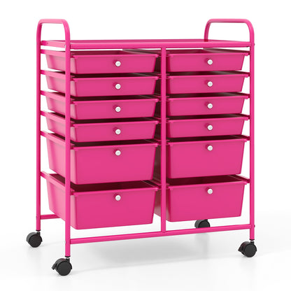 12-Drawer Rolling Storage Cart with Removable Drawers and Lockable Wheels, Rose Red File Cabinets Rose Red at Gallery Canada