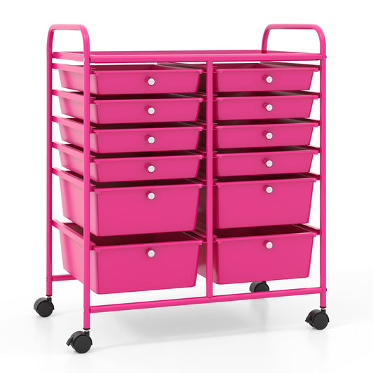 12-Drawer Rolling Storage Cart with Removable Drawers and Lockable Wheels, Rose Red File Cabinets Rose Red at Gallery Canada