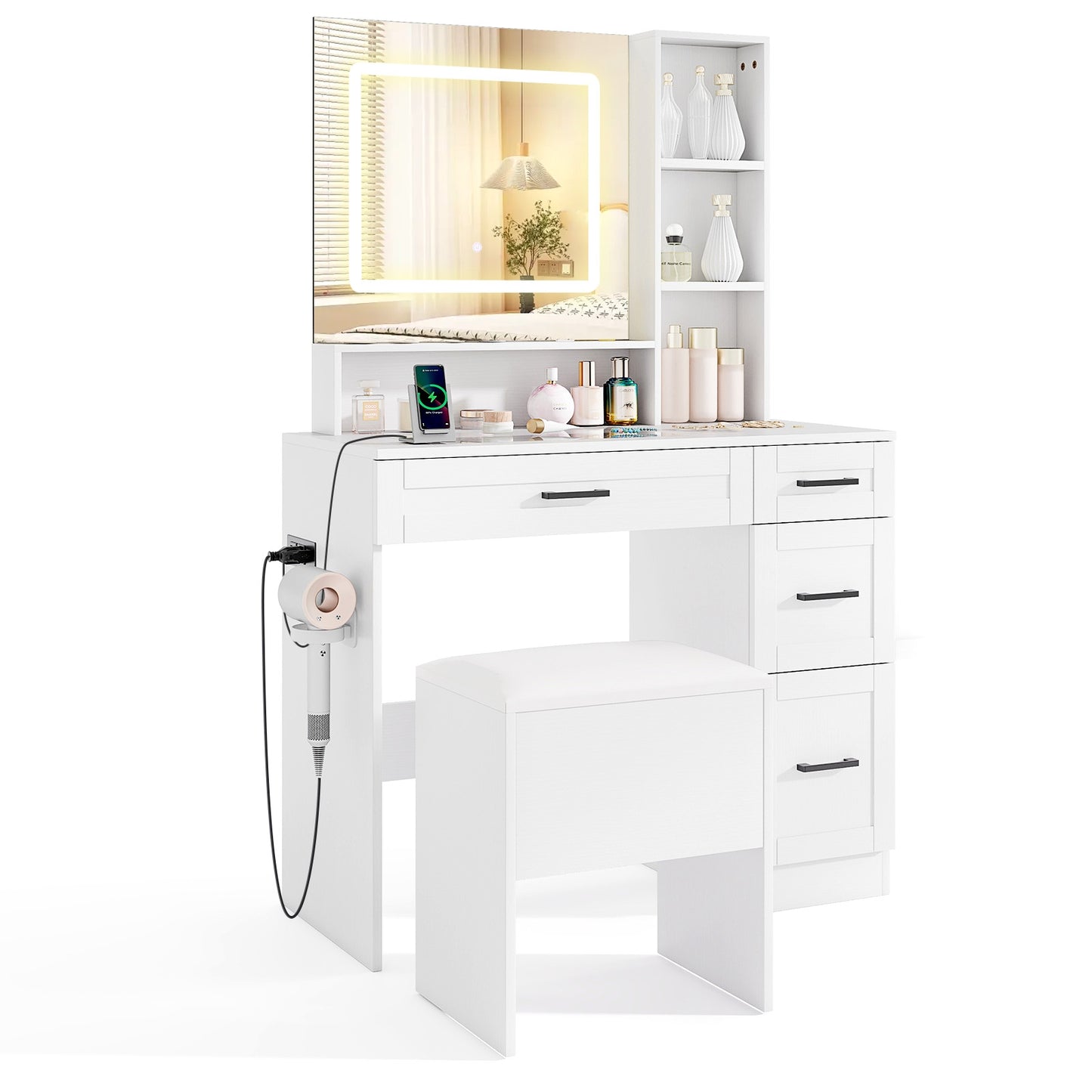 Dressing Desk with 3 Color Lighting and Hair Dryer Stand, White Makeup Vanities White at Gallery Canada