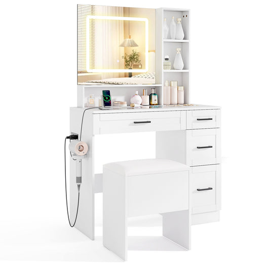 Dressing Desk with 3 Color Lighting and Hair Dryer Stand, White Makeup Vanities White at Gallery Canada