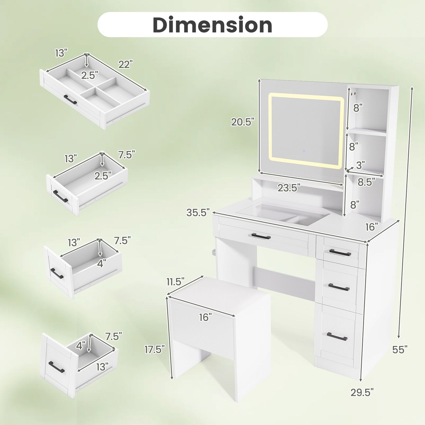 Dressing Desk with 3 Color Lighting and Hair Dryer Stand, White Makeup Vanities at Gallery Canada