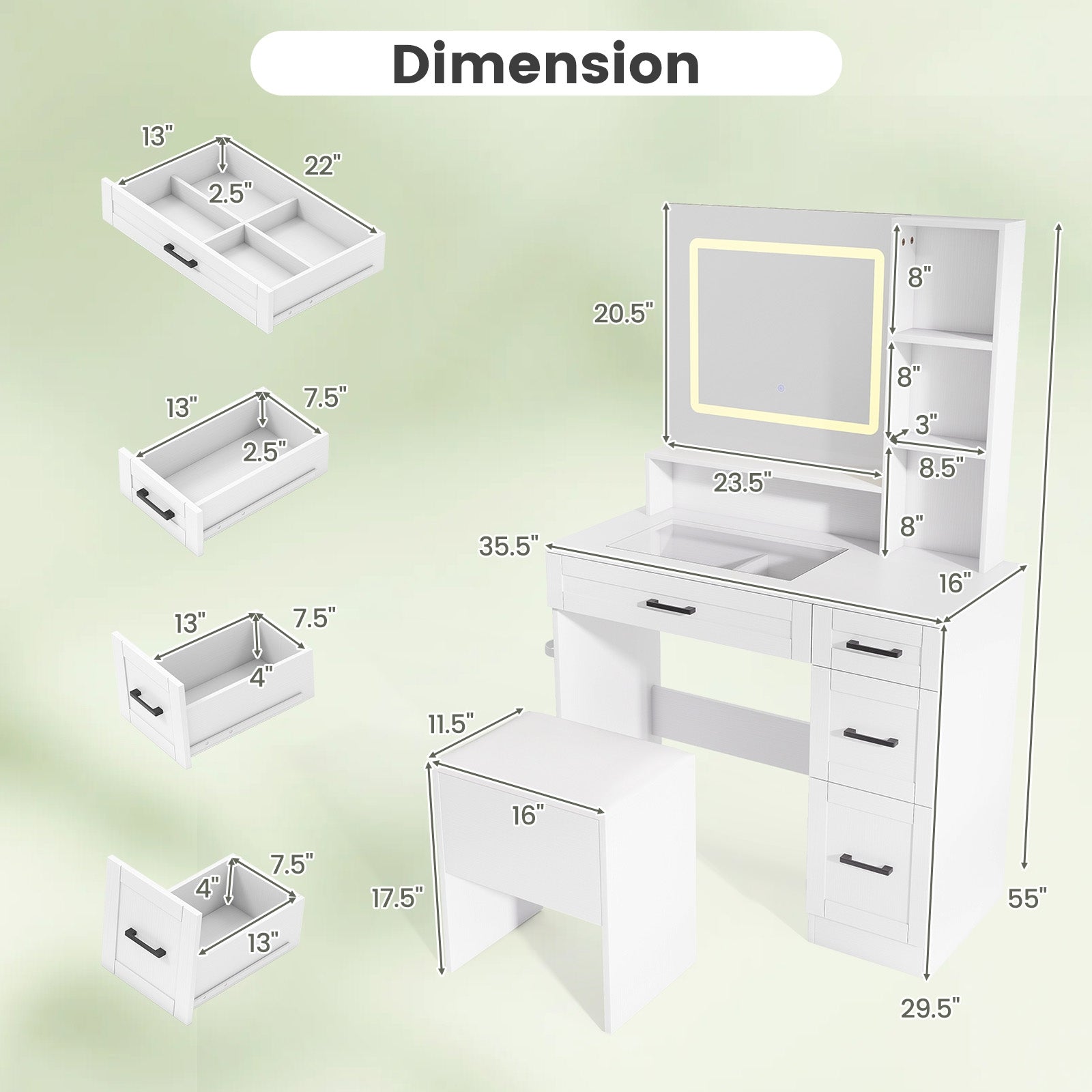 Dressing Desk with 3 Color Lighting and Hair Dryer Stand, White Makeup Vanities at Gallery Canada