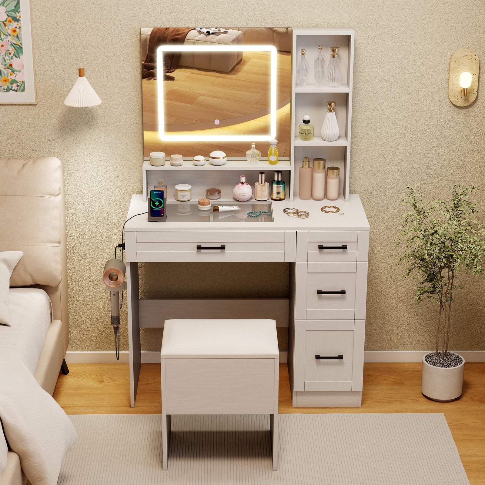 Dressing Desk with 3 Color Lighting and Hair Dryer Stand, White Makeup Vanities at Gallery Canada