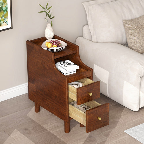 Solid Wood End Table Narrow Bedside Table with Pull-out Tray and 2 Storage Drawers, Brown