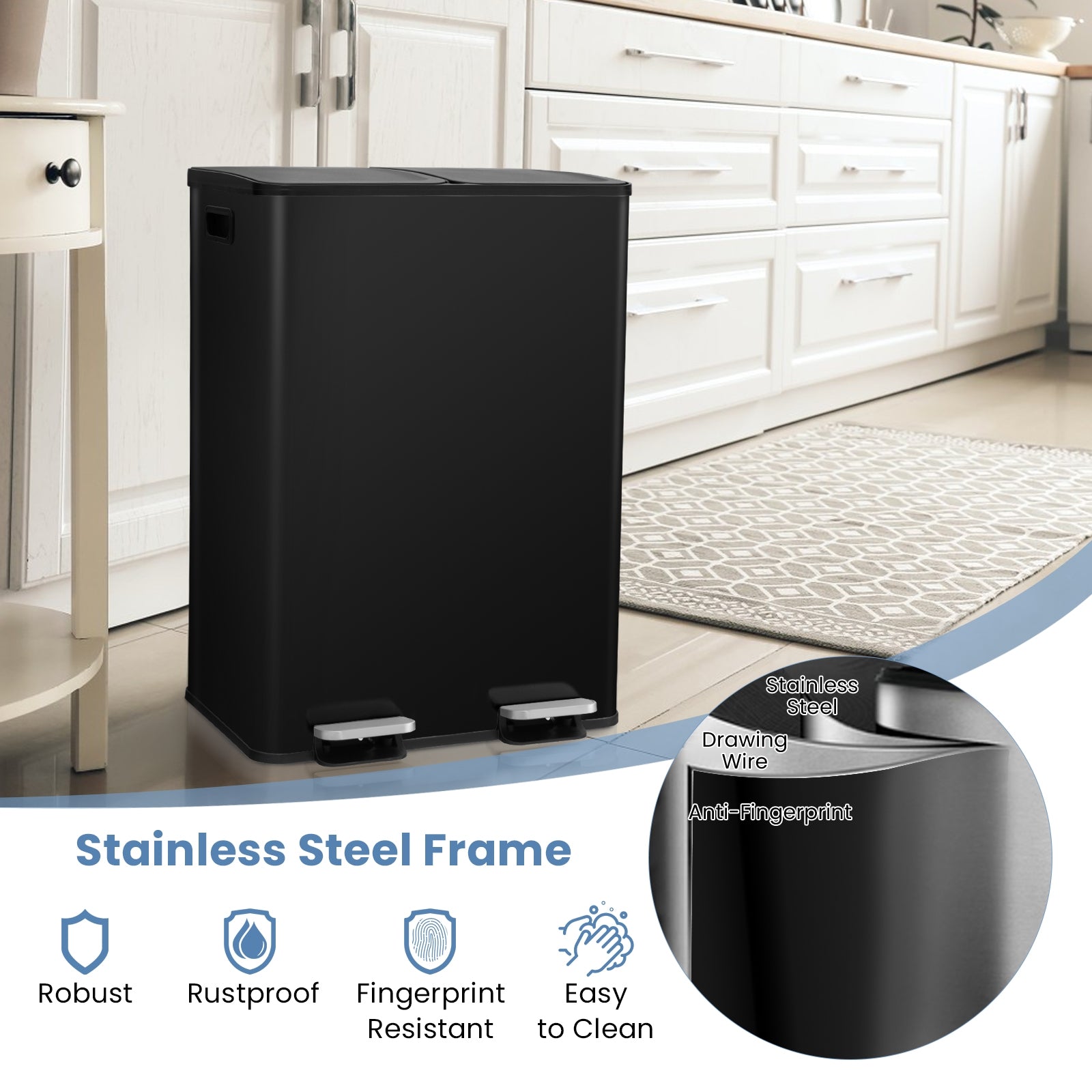 8 Gal Dual Compartment Trash Can, Black Kitchen Organization at Gallery Canada