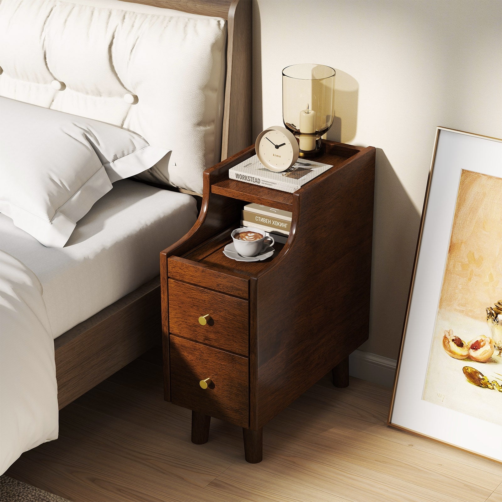 Solid Wood End Table Narrow Bedside Table with Pull-out Tray and 2 Storage Drawers, Brown Nightstands at Gallery Canada