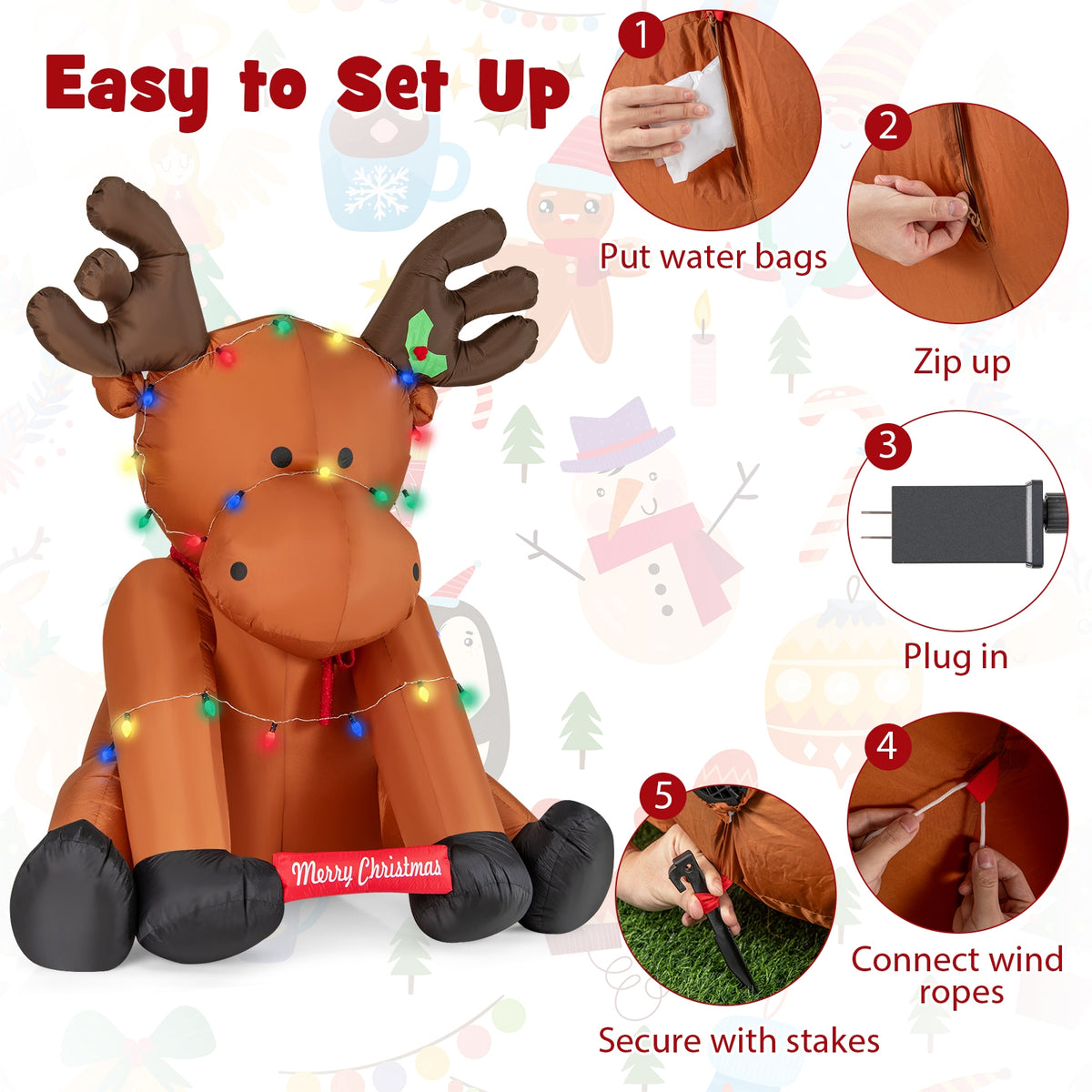 8.5 Feet Tall Christmas Inflatable Reindeer, 24 LED String Lights, Brown Christmas Decor & Accessories at Gallery Canada