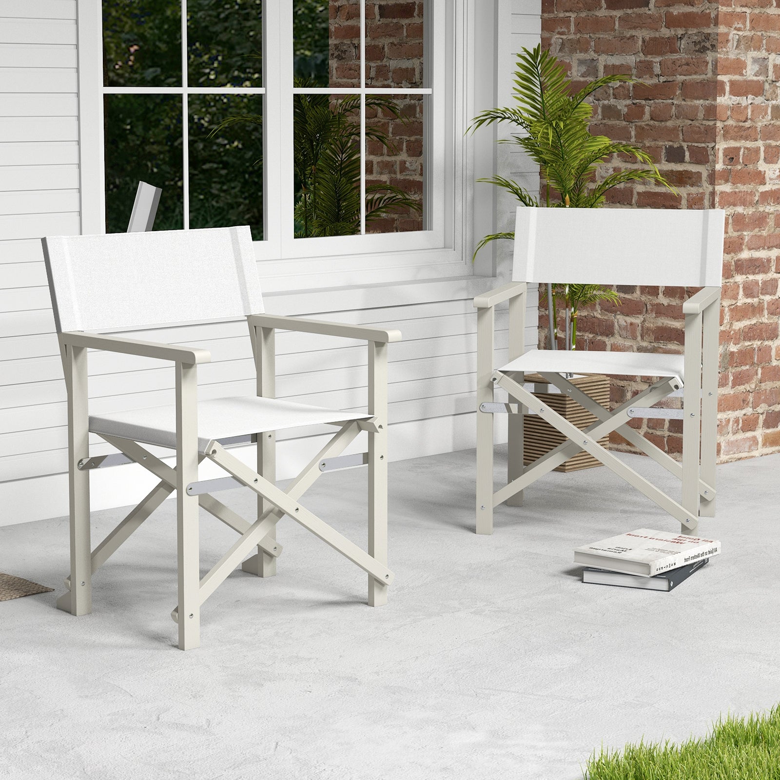 Folding Director Chair with Acacia Wood Frame and Machine Washable Oxford Fabric, Off White Patio Dining Chairs at Gallery Canada