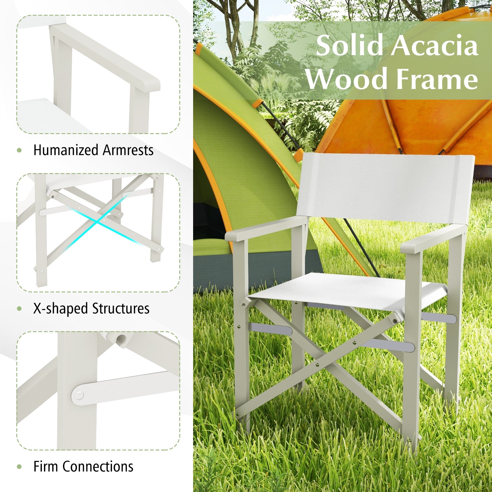 Folding Director Chair with Acacia Wood Frame and Machine Washable Oxford Fabric, Off White Patio Dining Chairs at Gallery Canada