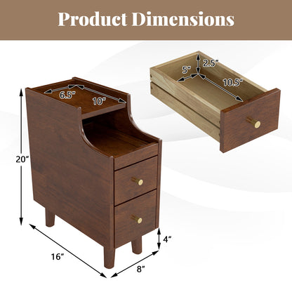 Solid Wood End Table Narrow Bedside Table with Pull-out Tray and 2 Storage Drawers, Brown Nightstands at Gallery Canada