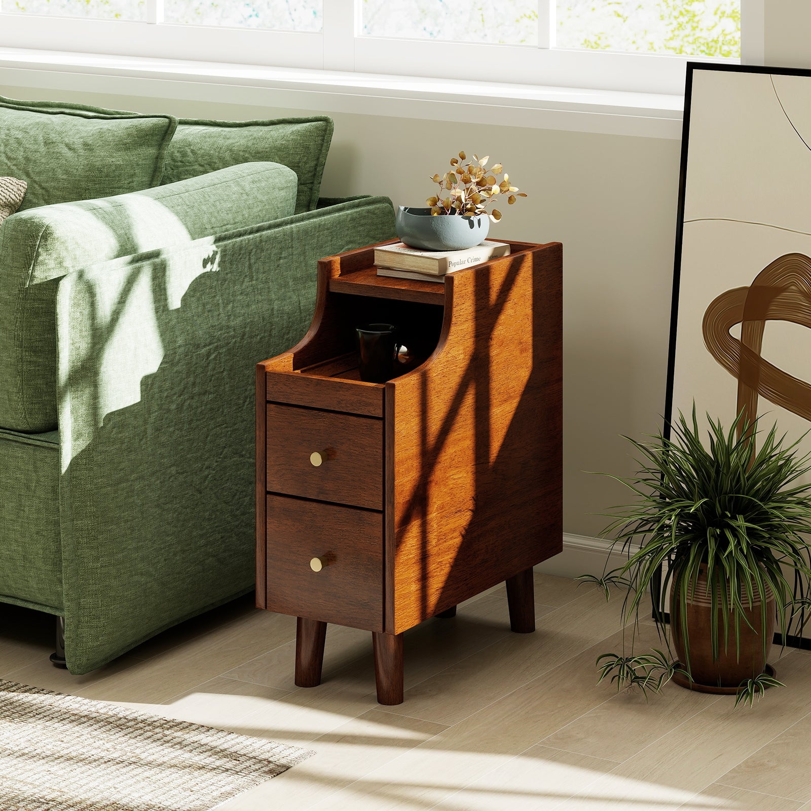 Solid Wood End Table Narrow Bedside Table with Pull-out Tray and 2 Storage Drawers, Brown Nightstands at Gallery Canada