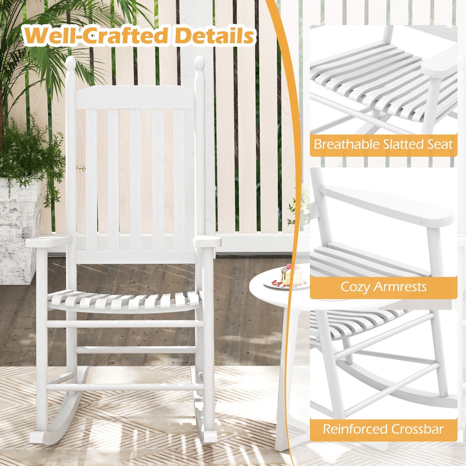 High-Back Acacia Wood Outdoor Rocking Chair with Solid Rocking Base, White Patio Rocking Chairs & Gliders at Gallery Canada