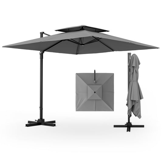 9.5 Feet Cantilever Patio Umbrella, 360° Rotation, Double Top, Gray Outdoor Umbrellas Gray at Gallery Canada