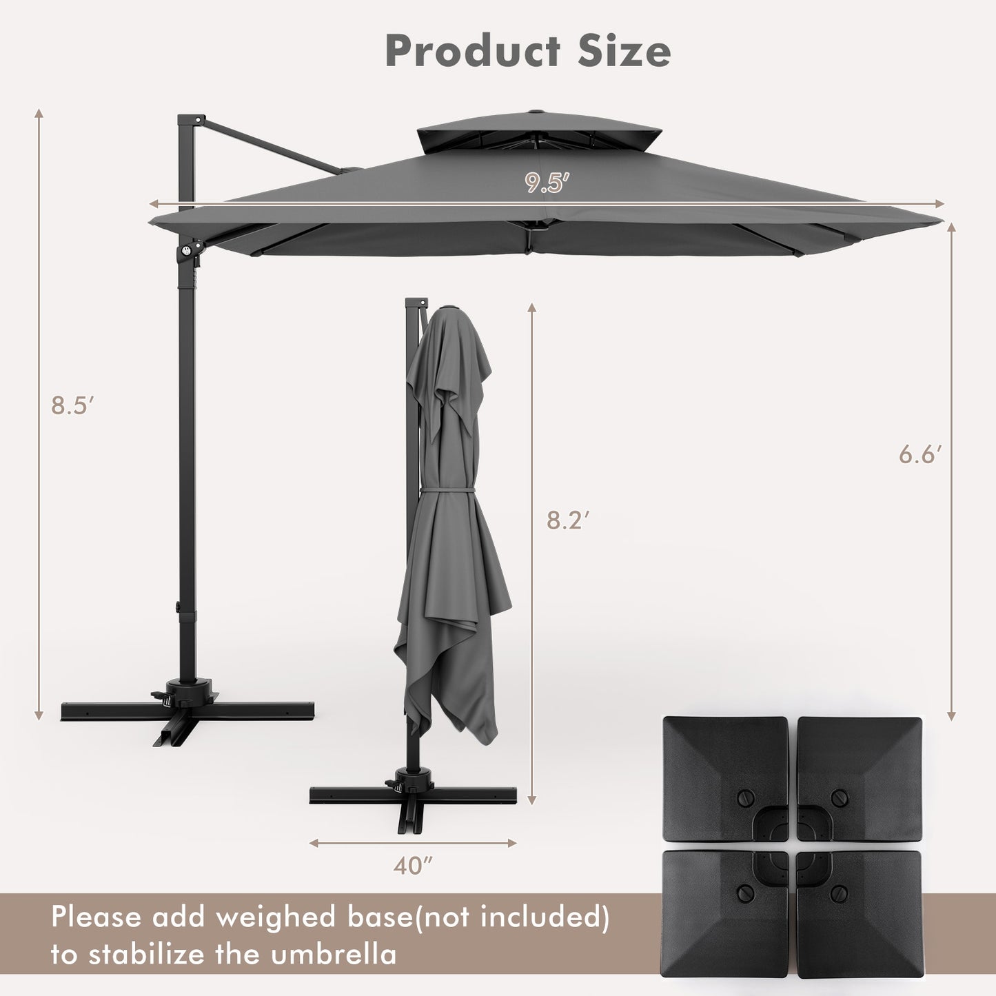 9.5 Feet Cantilever Patio Umbrella with 360° Rotation and Double Top, Gray Outdoor Umbrellas at Gallery Canada