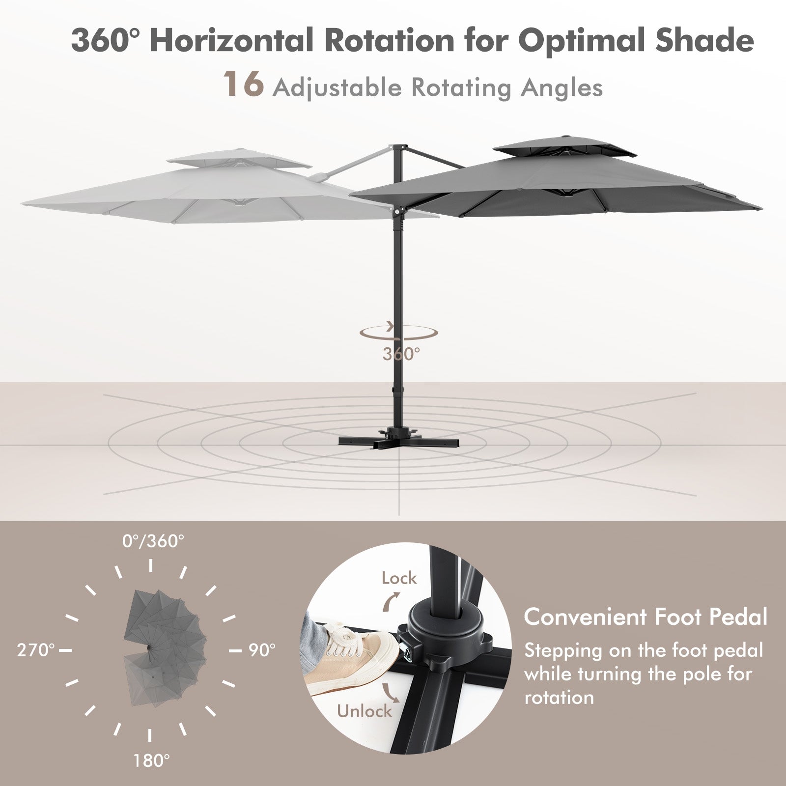 9.5 Feet Cantilever Patio Umbrella with 360° Rotation and Double Top, Gray Outdoor Umbrellas at Gallery Canada