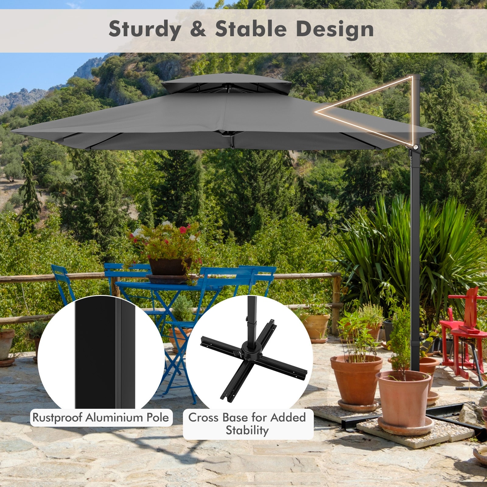 9.5 Feet Cantilever Patio Umbrella with 360° Rotation and Double Top, Gray Outdoor Umbrellas at Gallery Canada