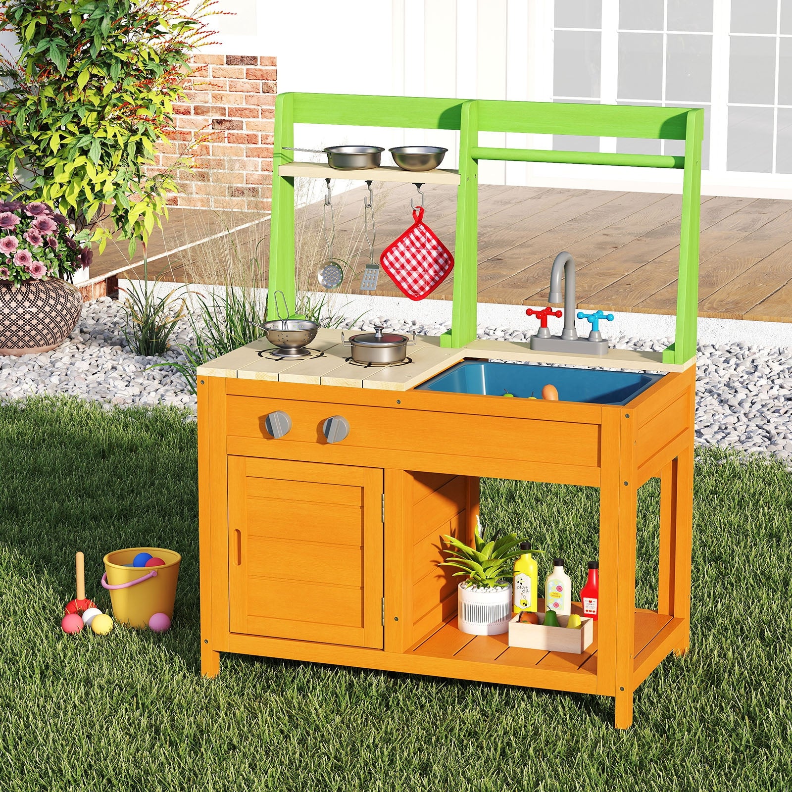 Outdoor Mud Kitchen Playset for Girls and Boys 3+ Years Old, Orange Play Kitchen Sets at Gallery Canada