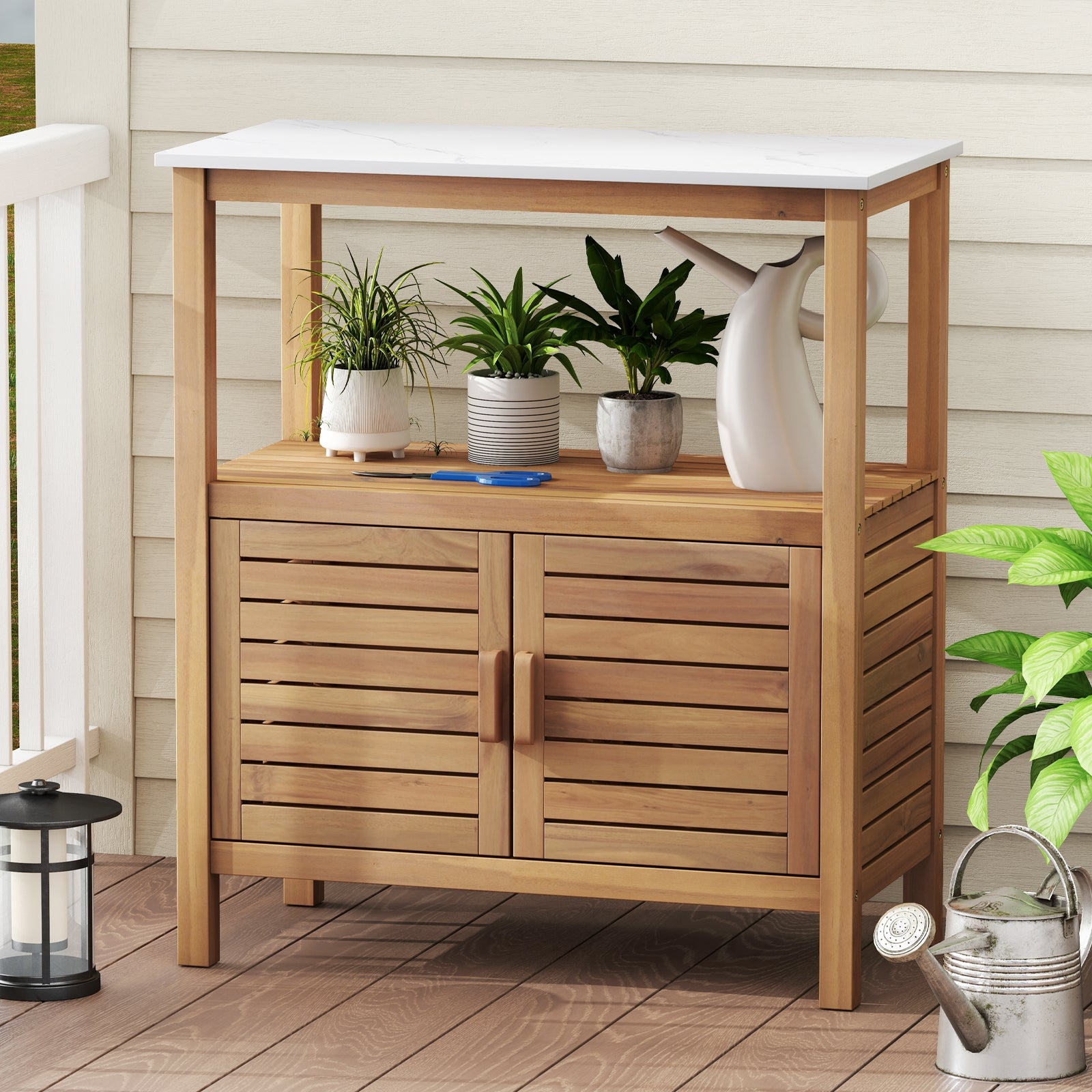Outdoor Potting Bench Acacia Wood Garden Potting Table Planting Work Bench Station with Louvered Doors, Natural Potting Benches & Tables at Gallery Canada