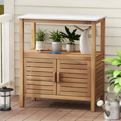 Outdoor Potting Bench Acacia Wood Garden Potting Table Planting Work Bench Station with Louvered Doors, Natural Potting Benches & Tables at Gallery Canada