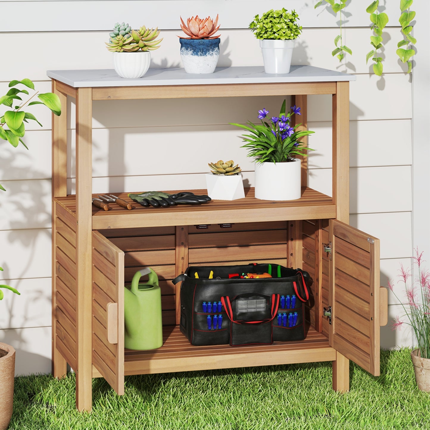 Outdoor Potting Bench Acacia Wood Garden Potting Table Planting Work Bench Station with Louvered Doors, Natural Potting Benches & Tables at Gallery Canada