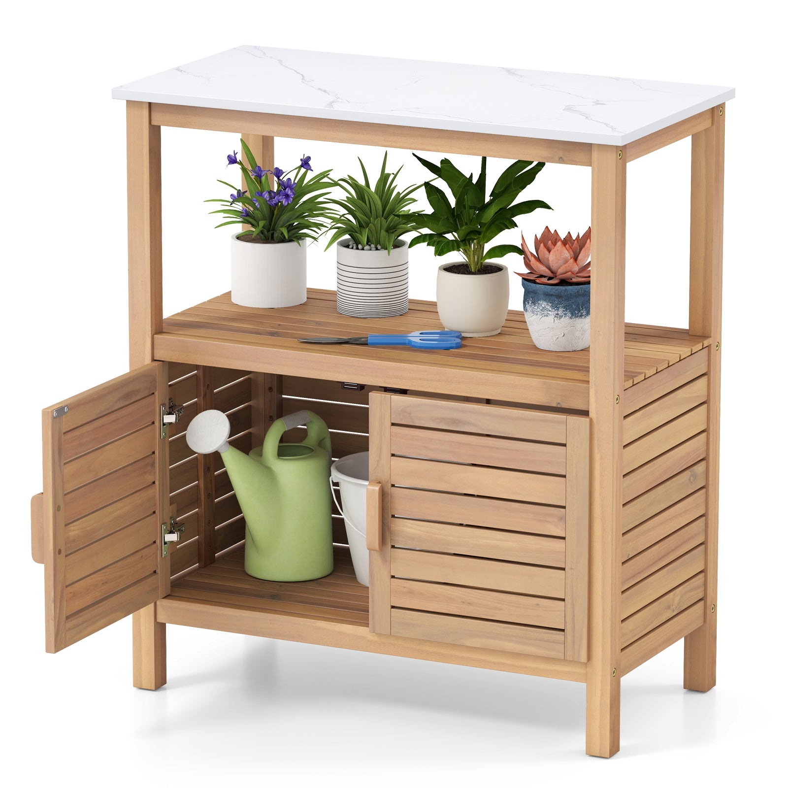 Outdoor Potting Bench Acacia Wood Garden Potting Table Planting Work Bench Station with Louvered Doors, Natural Potting Benches & Tables at Gallery Canada