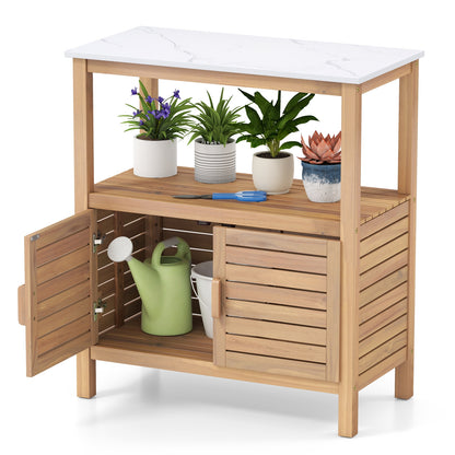 Outdoor Potting Bench Acacia Wood Garden Potting Table Planting Work Bench Station with Louvered Doors, Natural Potting Benches & Tables at Gallery Canada
