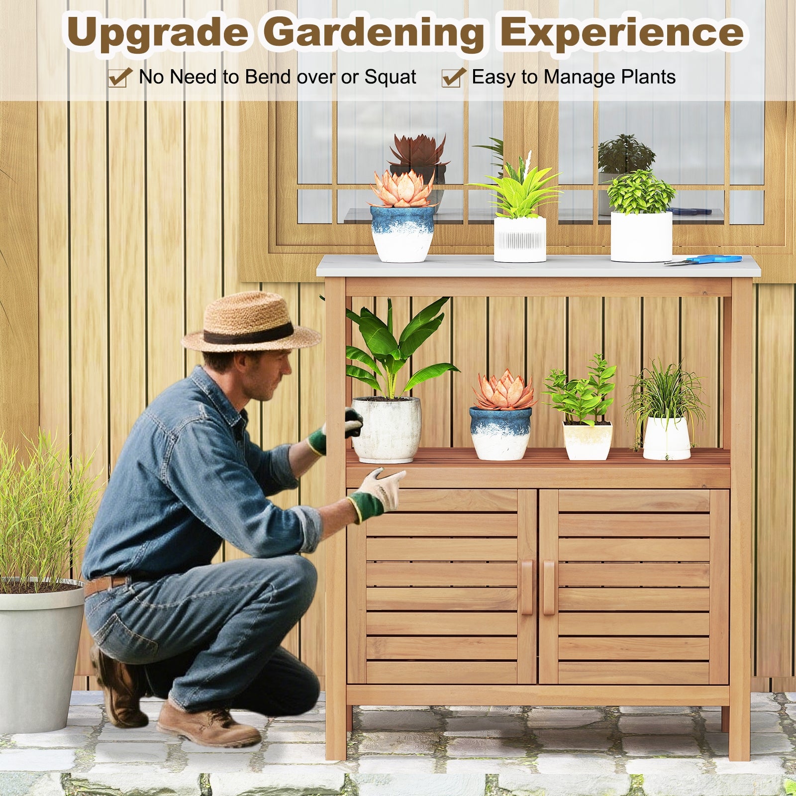 Outdoor Potting Bench Acacia Wood Garden Potting Table Planting Work Bench Station with Louvered Doors, Natural Potting Benches & Tables at Gallery Canada