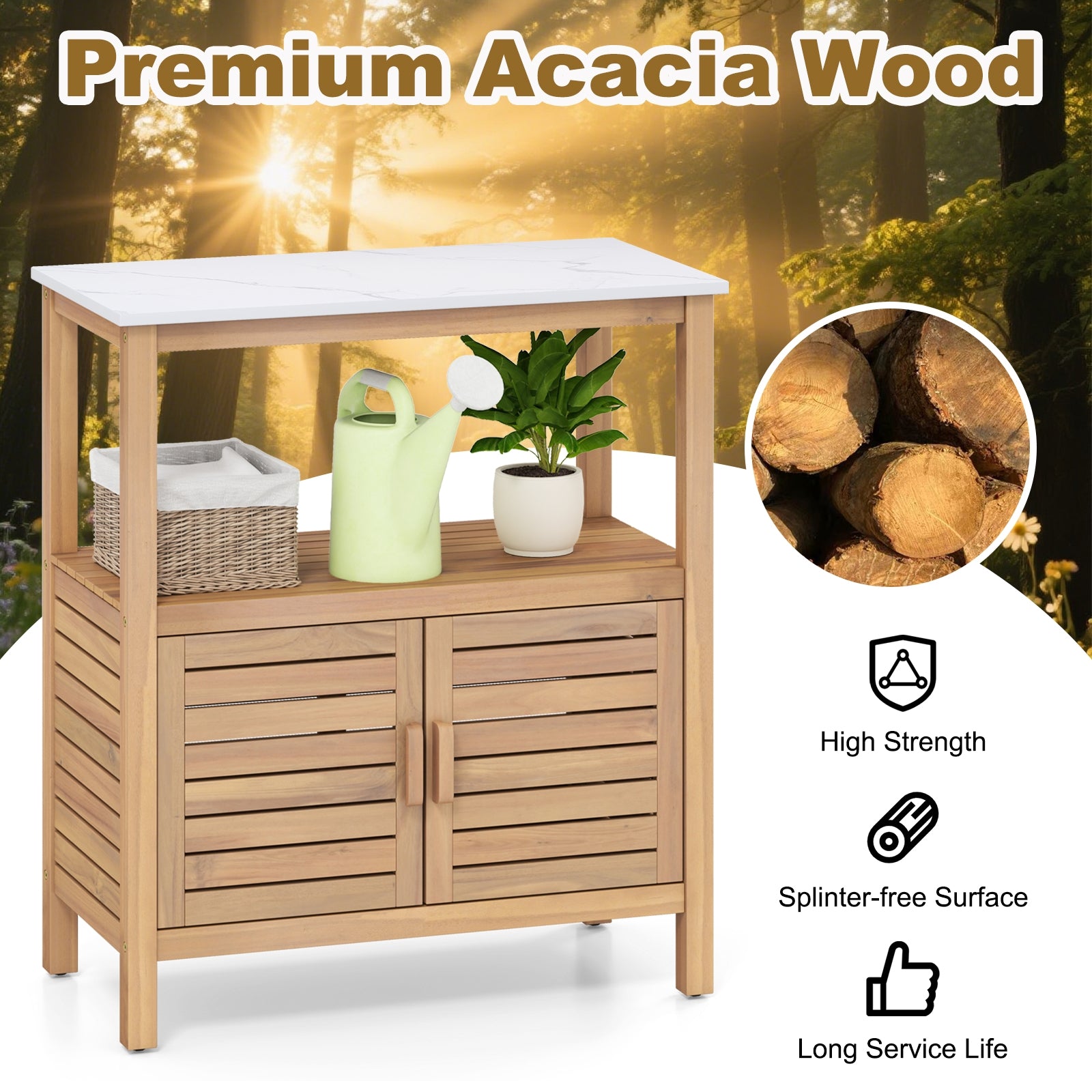 Outdoor Potting Bench Acacia Wood Garden Potting Table Planting Work Bench Station with Louvered Doors, Natural Potting Benches & Tables at Gallery Canada