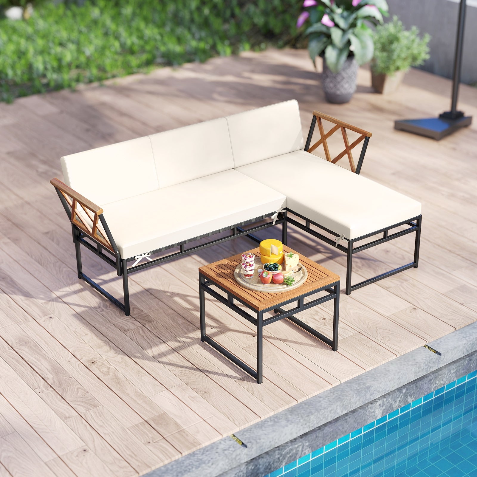 3-Piece L-Shaped Patio Furniture Set for Porch Backyard and Poolside, Beige Patio Conversation Sets at Gallery Canada