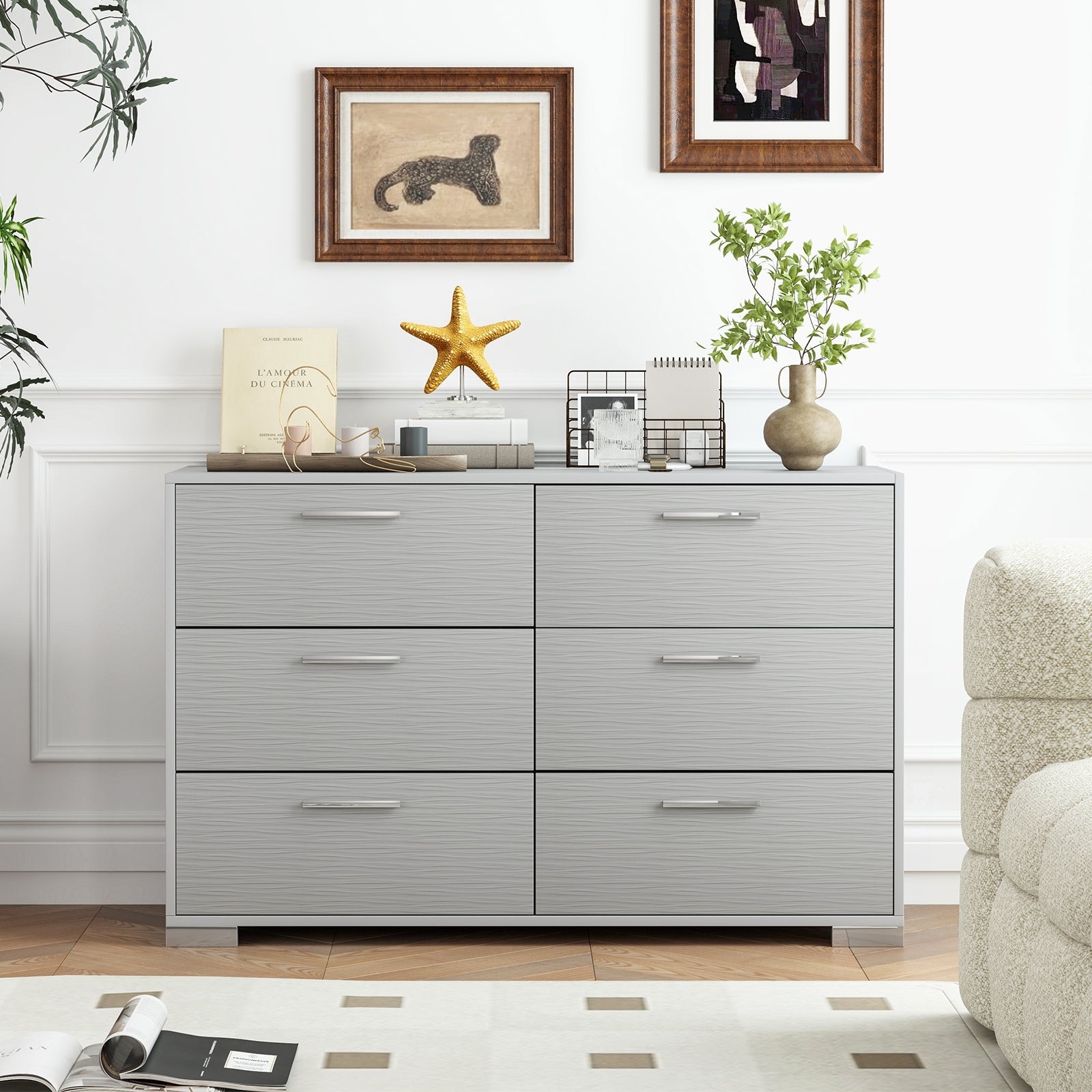 6 Drawer Storage Cabinet with Metal Legs Handles with Anti-Toppling Devices-Grey, Gray Cabinets & Chests at Gallery Canada