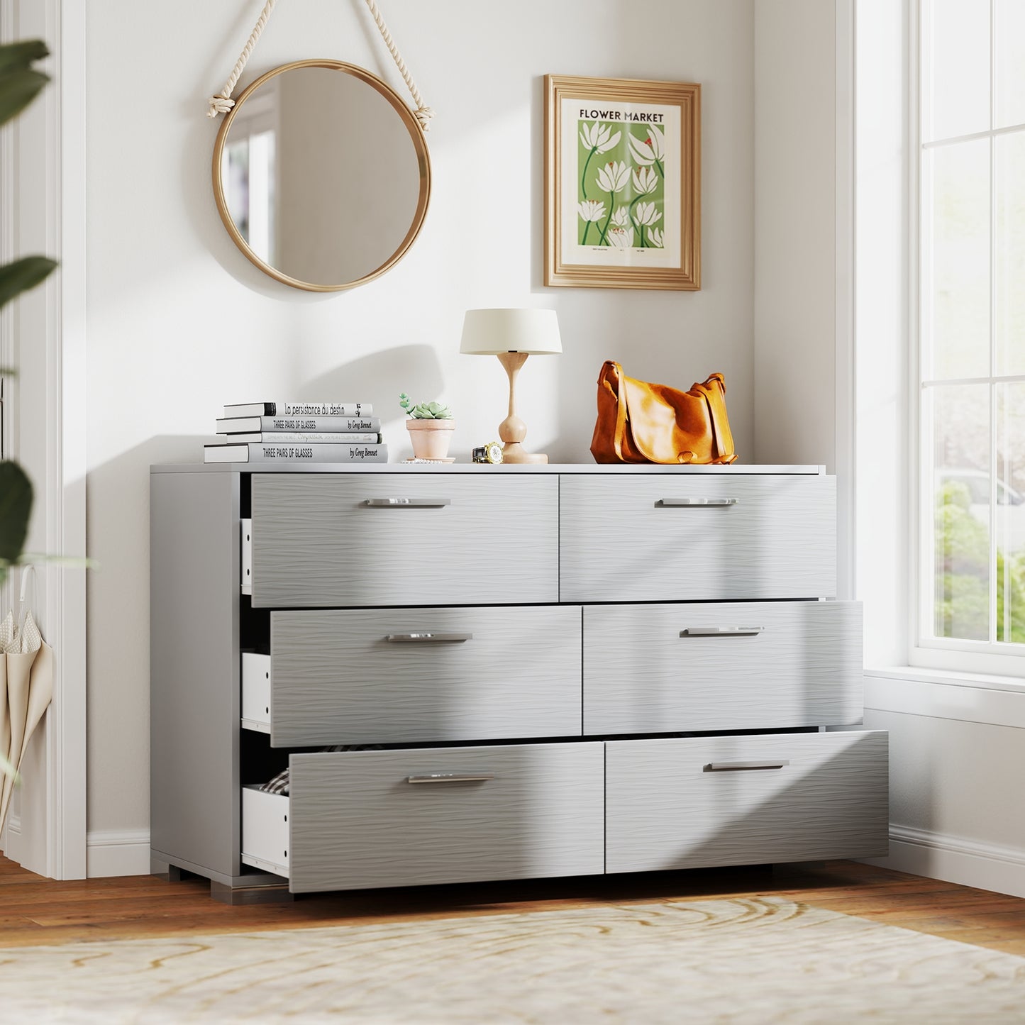 6 Drawer Storage Cabinet with Metal Legs Handles with Anti-Toppling Devices-Grey, Gray Cabinets & Chests at Gallery Canada